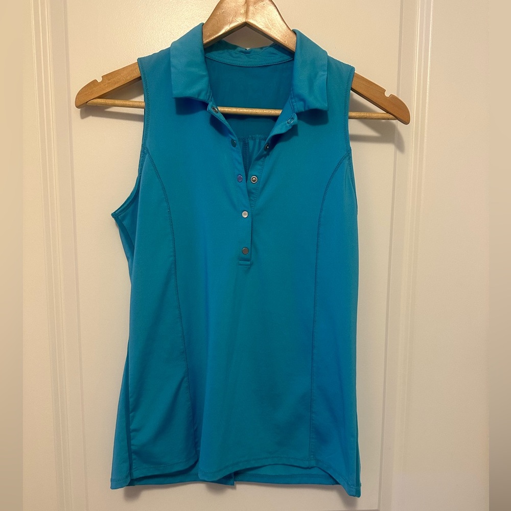 Lucky in Love sleeveless small polo. Light blue. Golf, tennis, pickleball